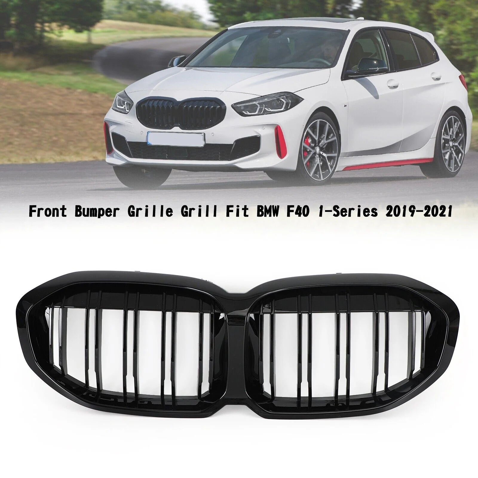 Gloss Black Front Kidney Hood Grille For BMW F40 1-Series 2020-2024 - Image 2
