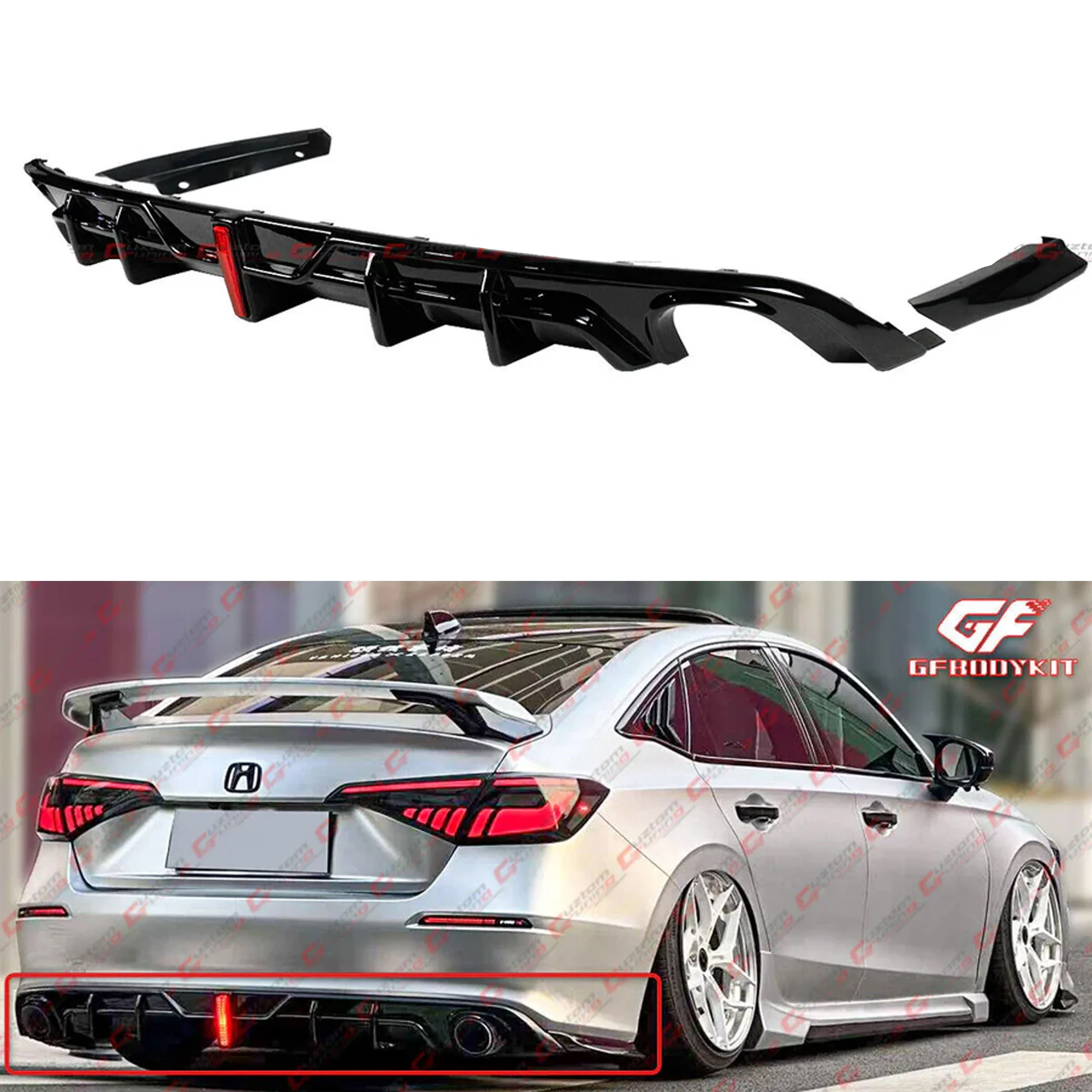 Gloss Black Rear Bumper Diffuser w/ LED fit for 2022-2026 Honda Civic SEDAN
