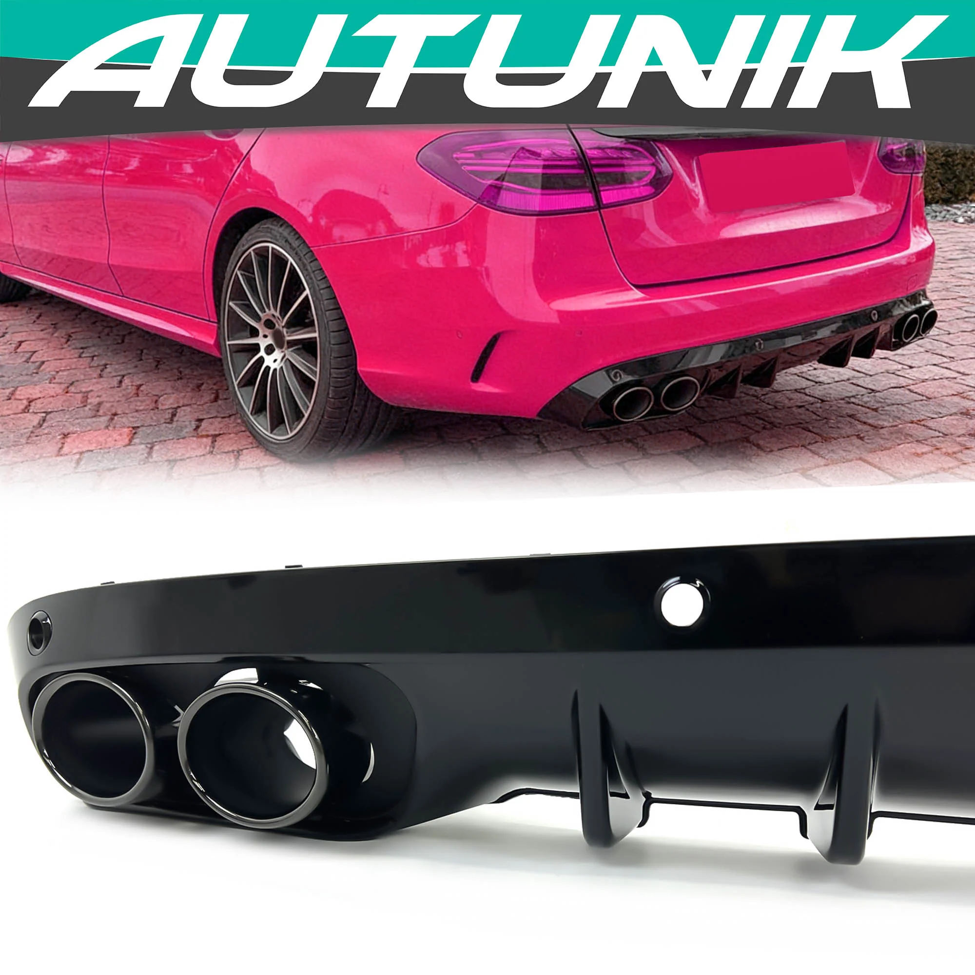 C43 Style Gloss Black Rear Diffuser + Exhaust Tips For Mercedes W205 C200 C300 C350 Non-AMG Sedan 2015-2021