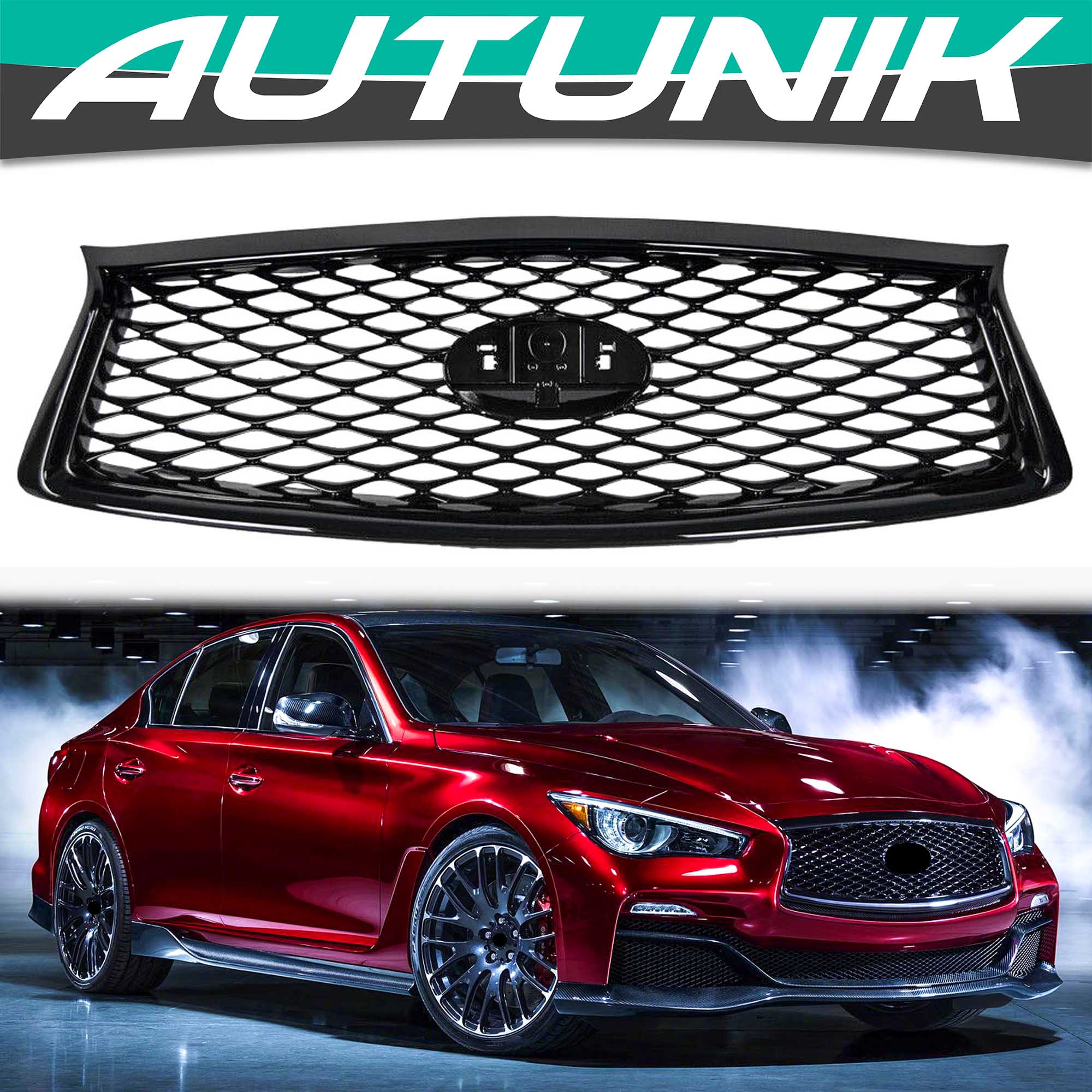 Glossy Black Front Mesh Grille for Infiniti Q50 2018-2024 w/o Camera & Parking Sensors