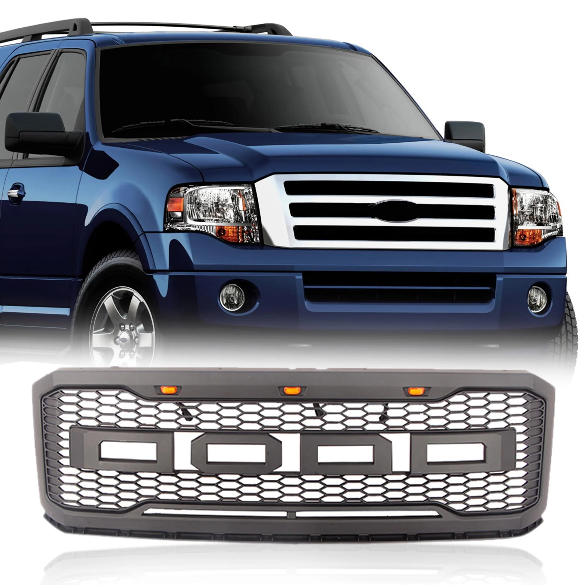 Grille Front Bumper Upper Mesh Grill w/ Lights for Ford Expedition 2007-2017