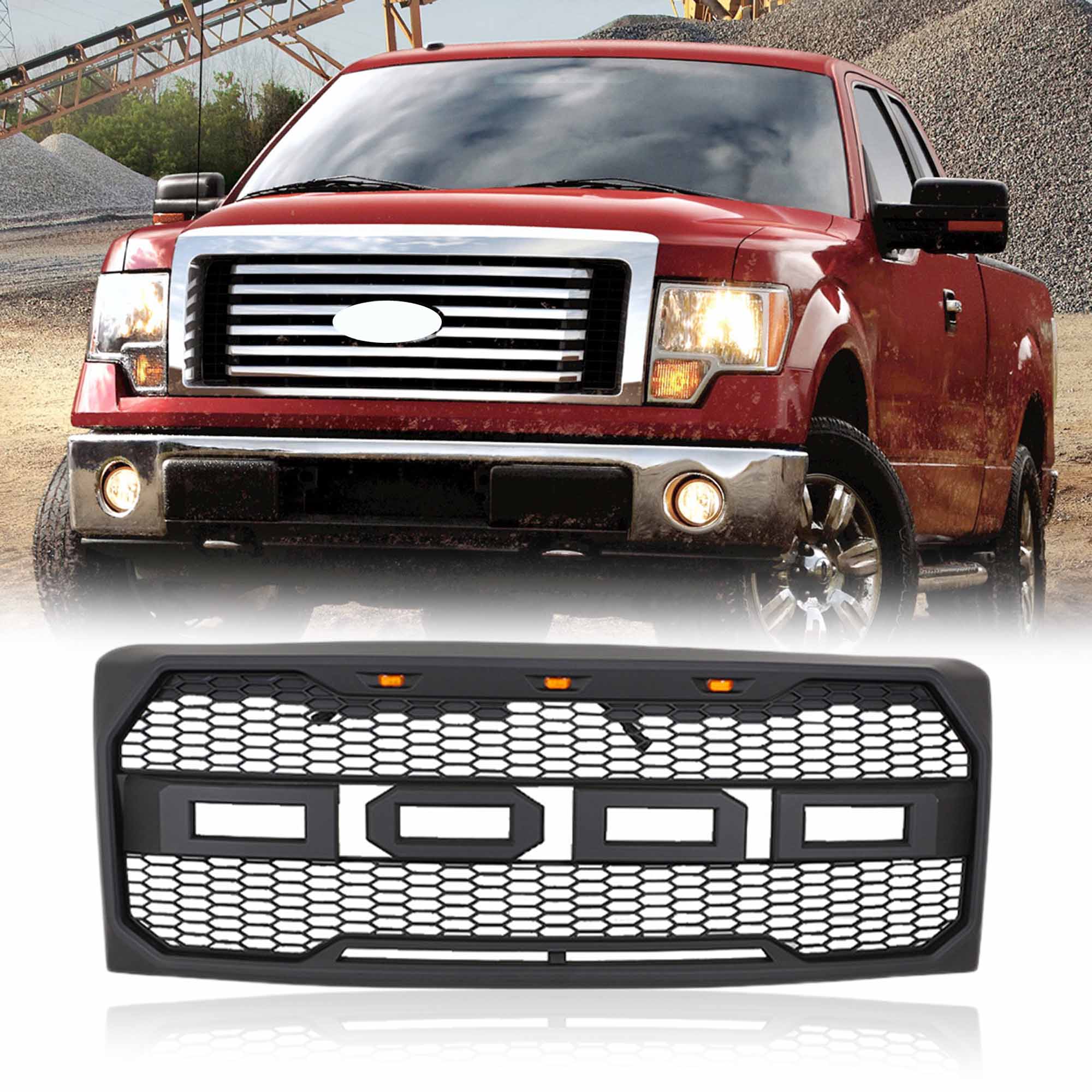 Grille Matt Black Front Bumper Upper Grill w/ Lights for Ford F150 2009-2014