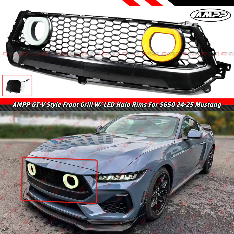 GT-V Style Front Mesh Grille w/ LED Halo Lights For 2024–2025 Ford Mustang GT Ecoboost - Image 2