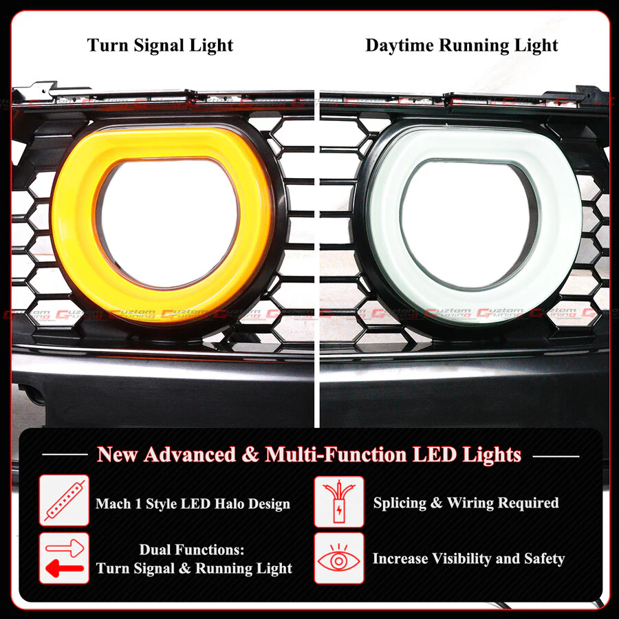 GT-V Style Front Mesh Grille w/ LED Halo Lights For 2024–2025 Ford Mustang GT Ecoboost - Image 8
