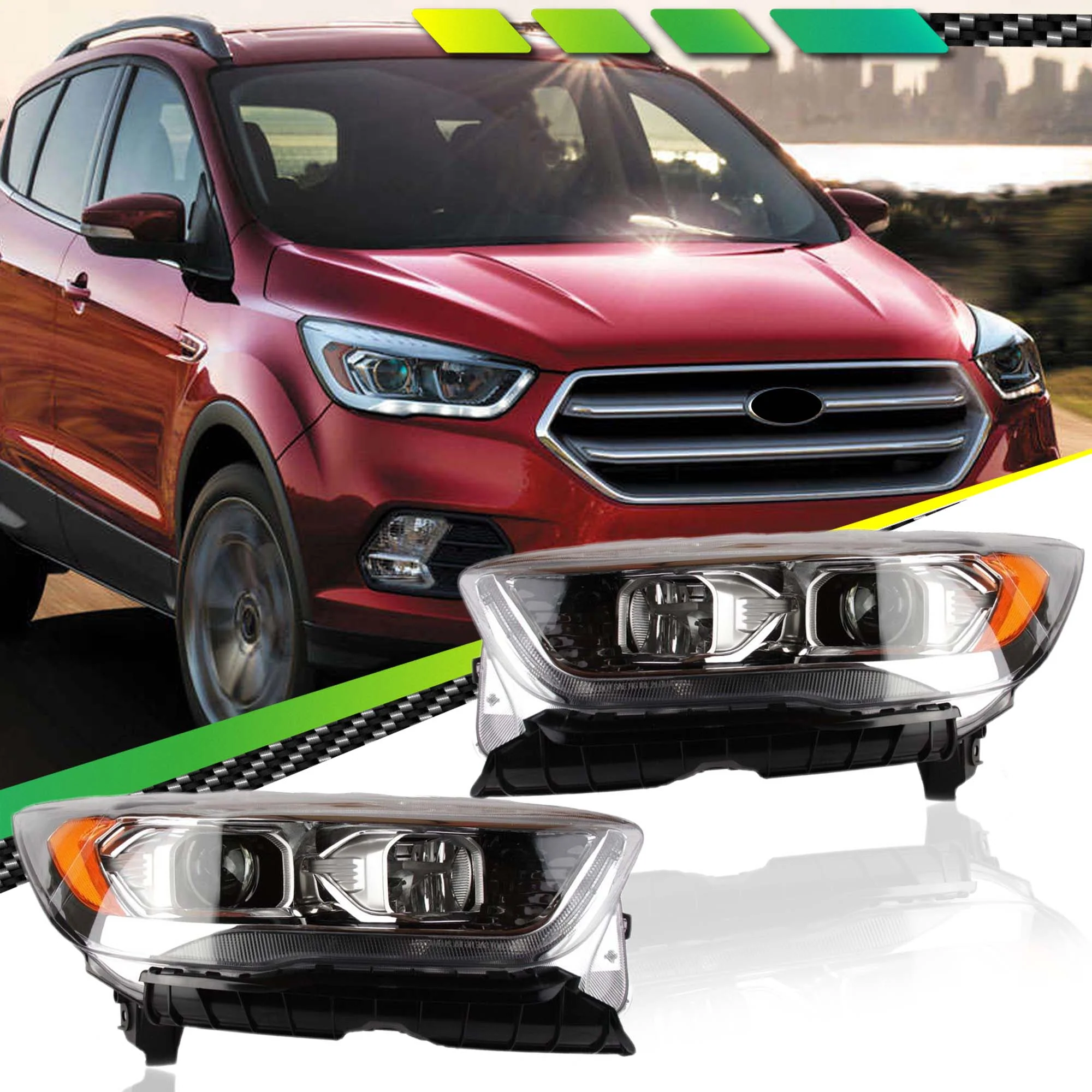 HID Headlights Assembly Front Lamps Clear Lens for Ford Escape 2017-2019