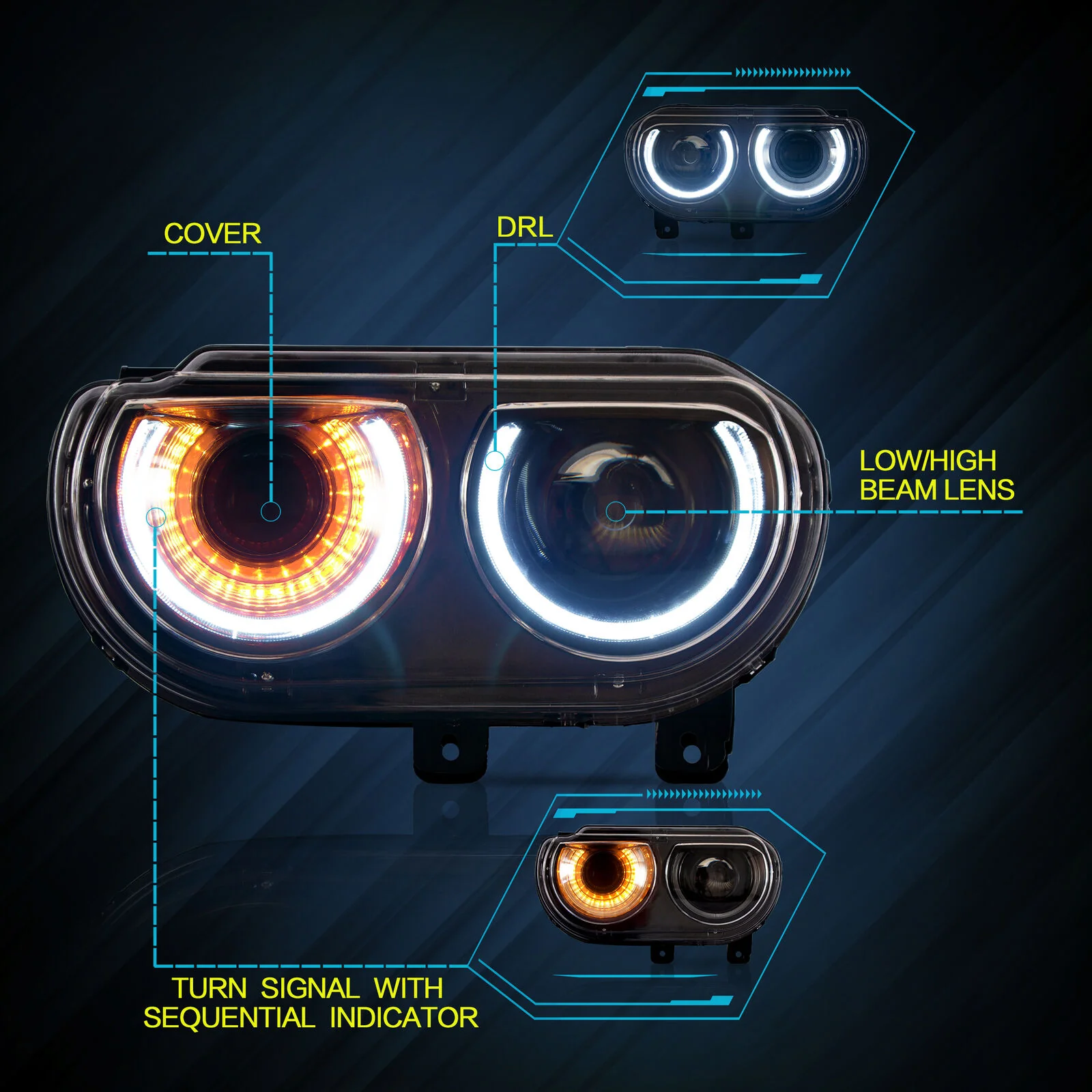 LED DRL Projector Headlights For 2008-2014 Dodge Challenger Front Lamps 2X - Image 4