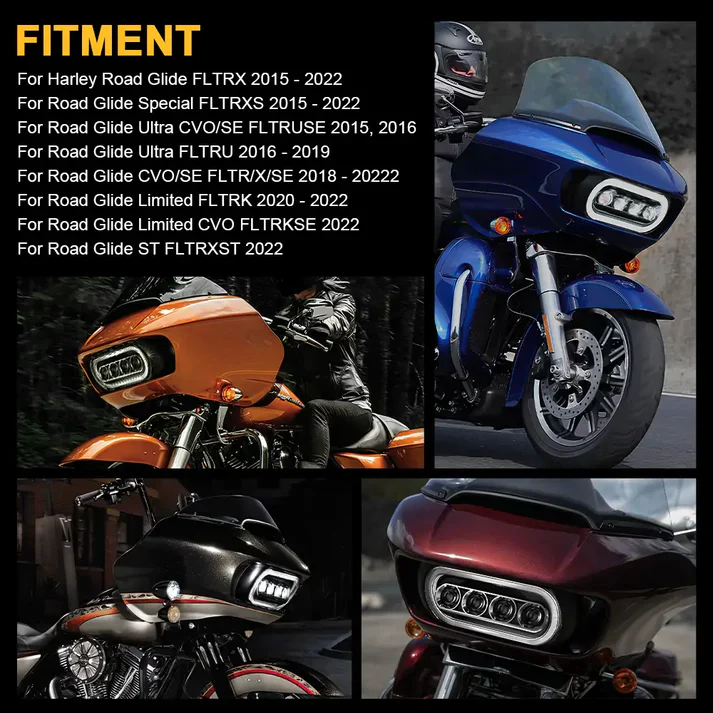 LED Dual Headlight w/ DRL Ring Fit For Harley Road Glide Special Limited CVO Ultra 2015+ - Image 9