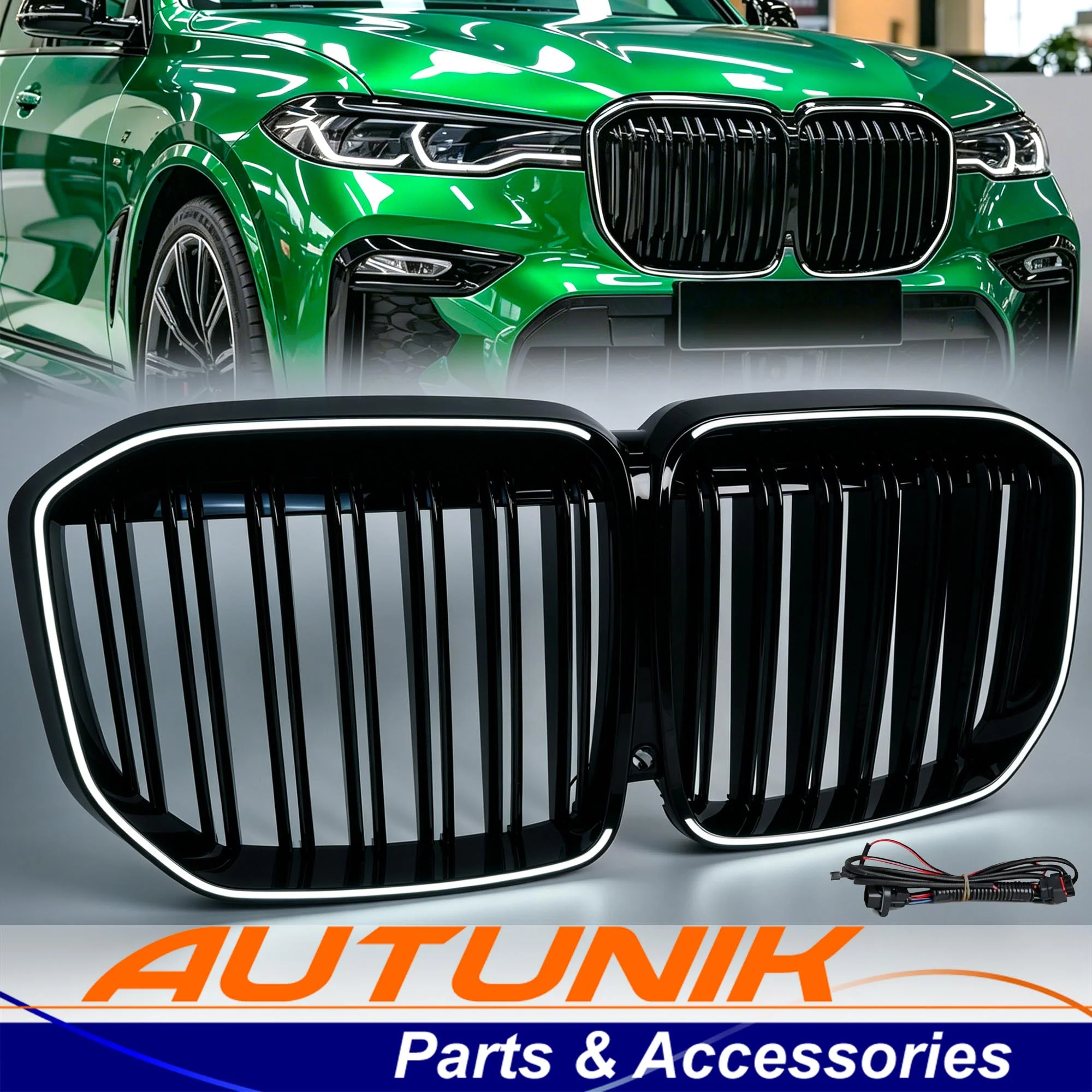 LED Gloss Black Double Slat Car Front Kidney Grill Fits For BMW X7 G07 2019-2022