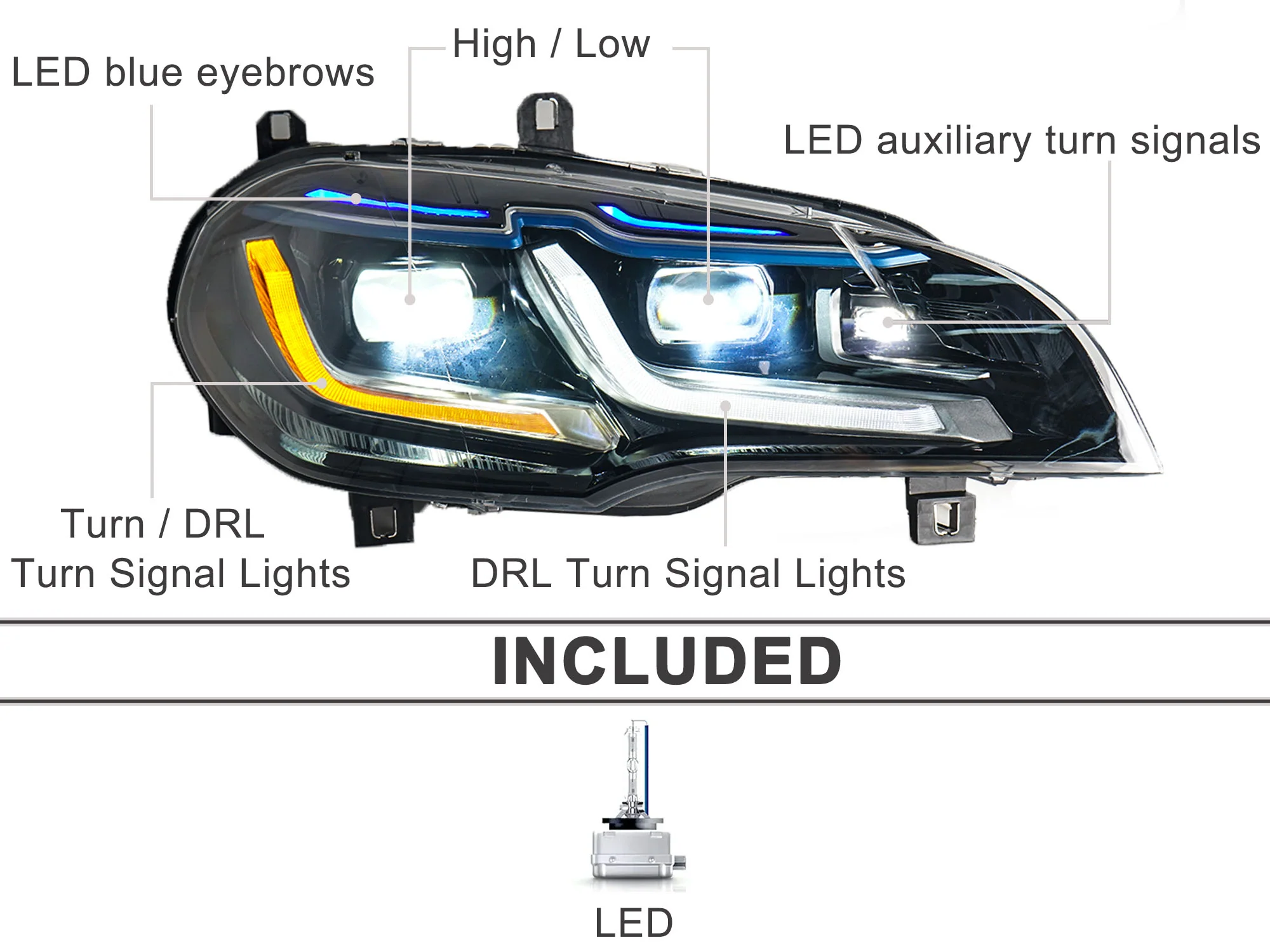 LED Headlight DRL Turn Signal Lamp Assembly For 2007-2013 BMW X5 E70 HID/Xenon w/o AFS - Image 14