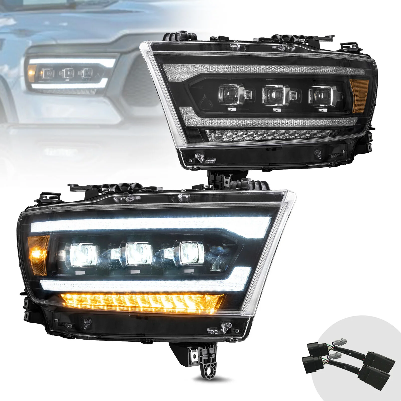 Amber LED Headlights For Dodge Ram 1500 2019-2023 2024 W/Sequential L+R