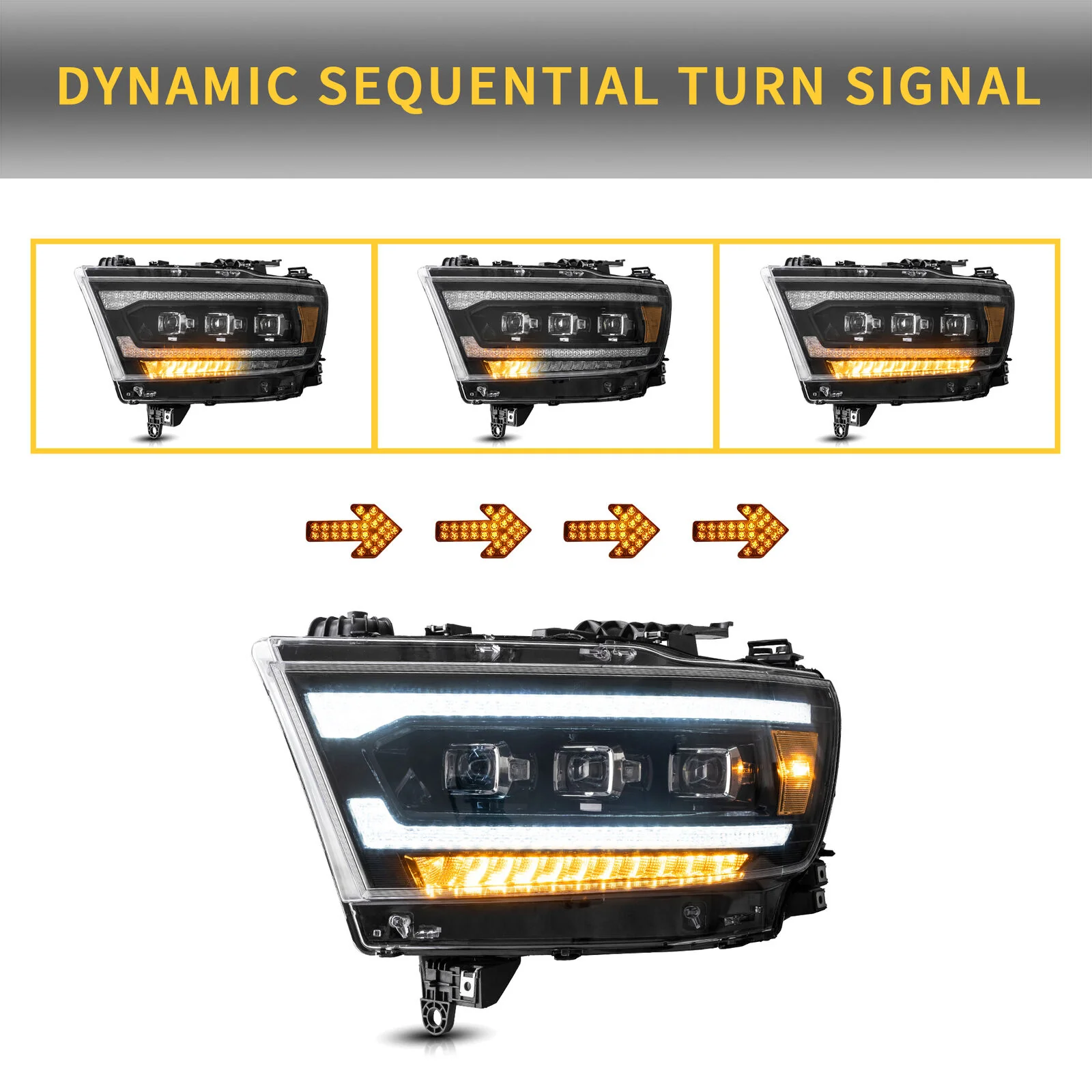 Amber LED Headlights For Dodge Ram 1500 2019-2023 2024 W/Sequential L+R - Image 5