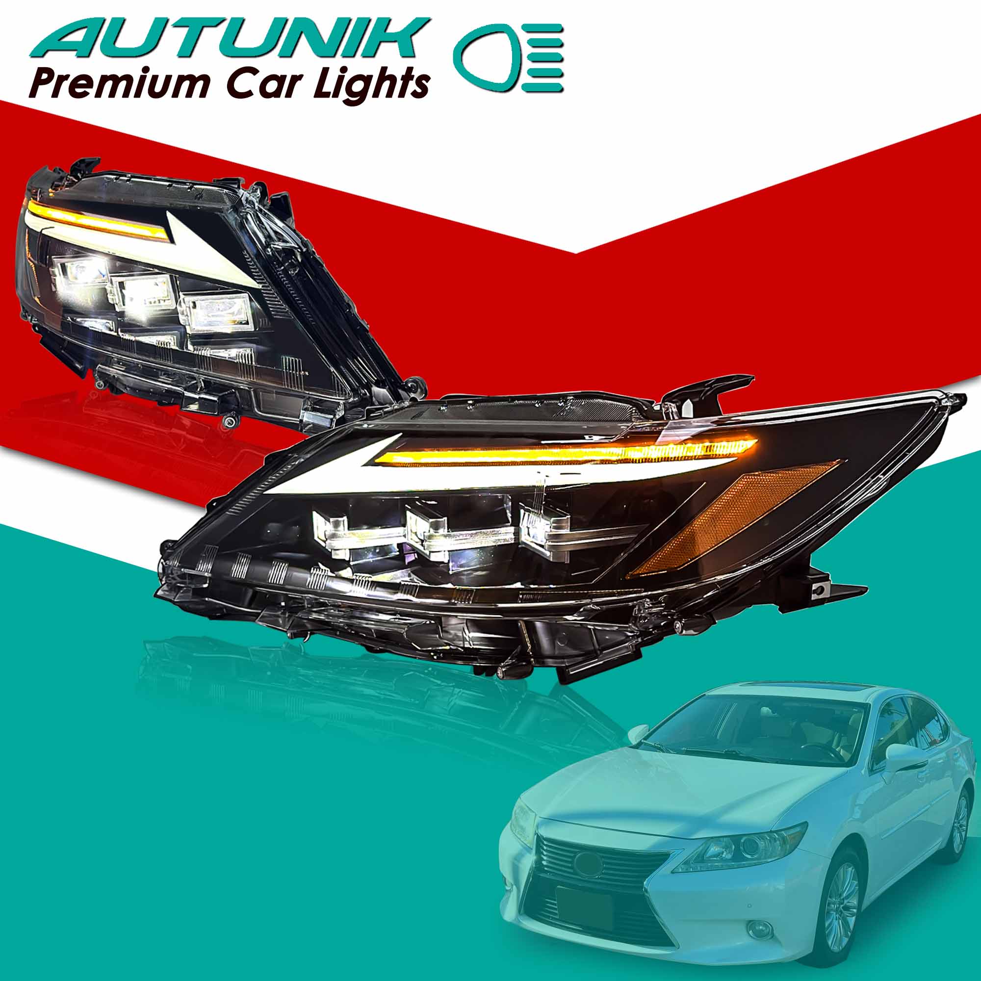 Pair LED Headlights for 2013-2015 Lexus ES300h ES350 w/ Sequential Turn Signal