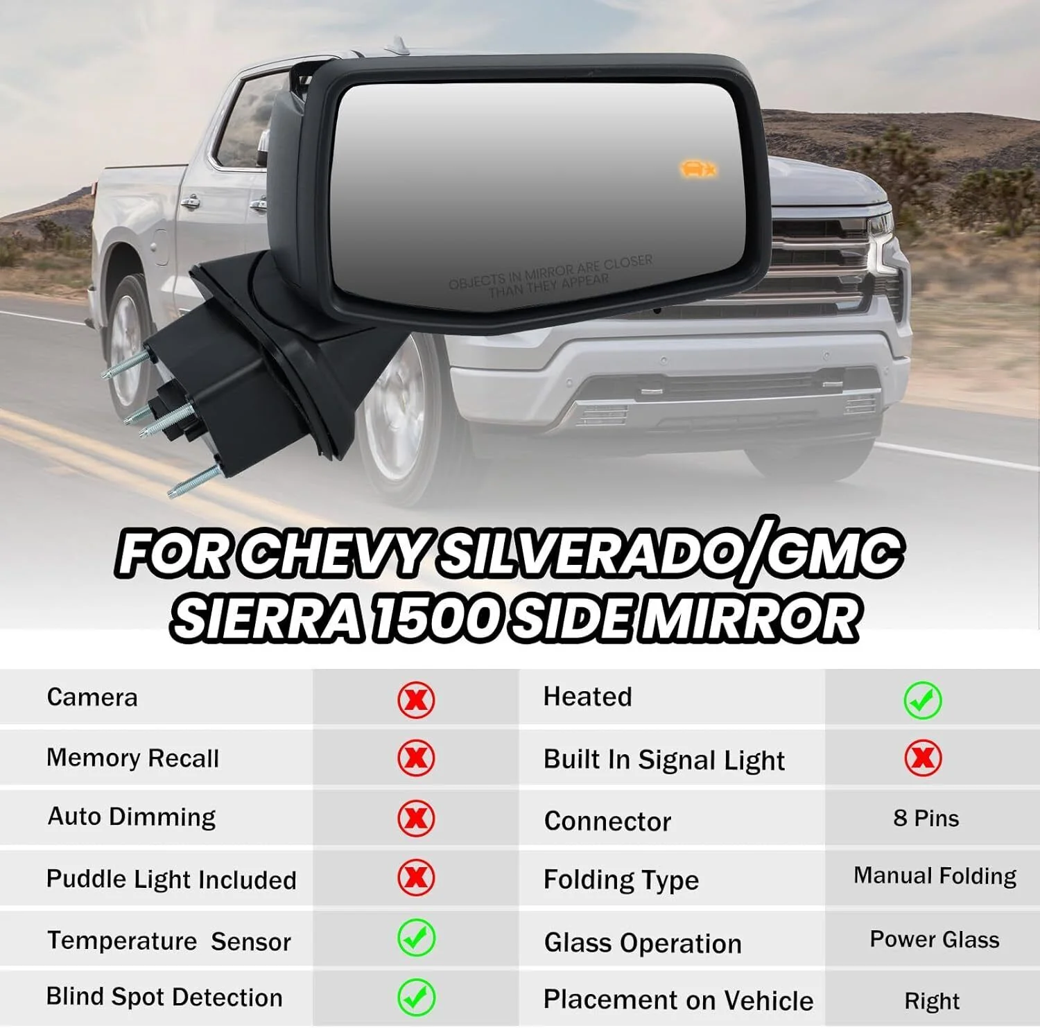 Left+Right Side Mirror Black For GMC Sierra 1500 Silverado 2019-2024 BSM Heated Blind Spot - Image 3