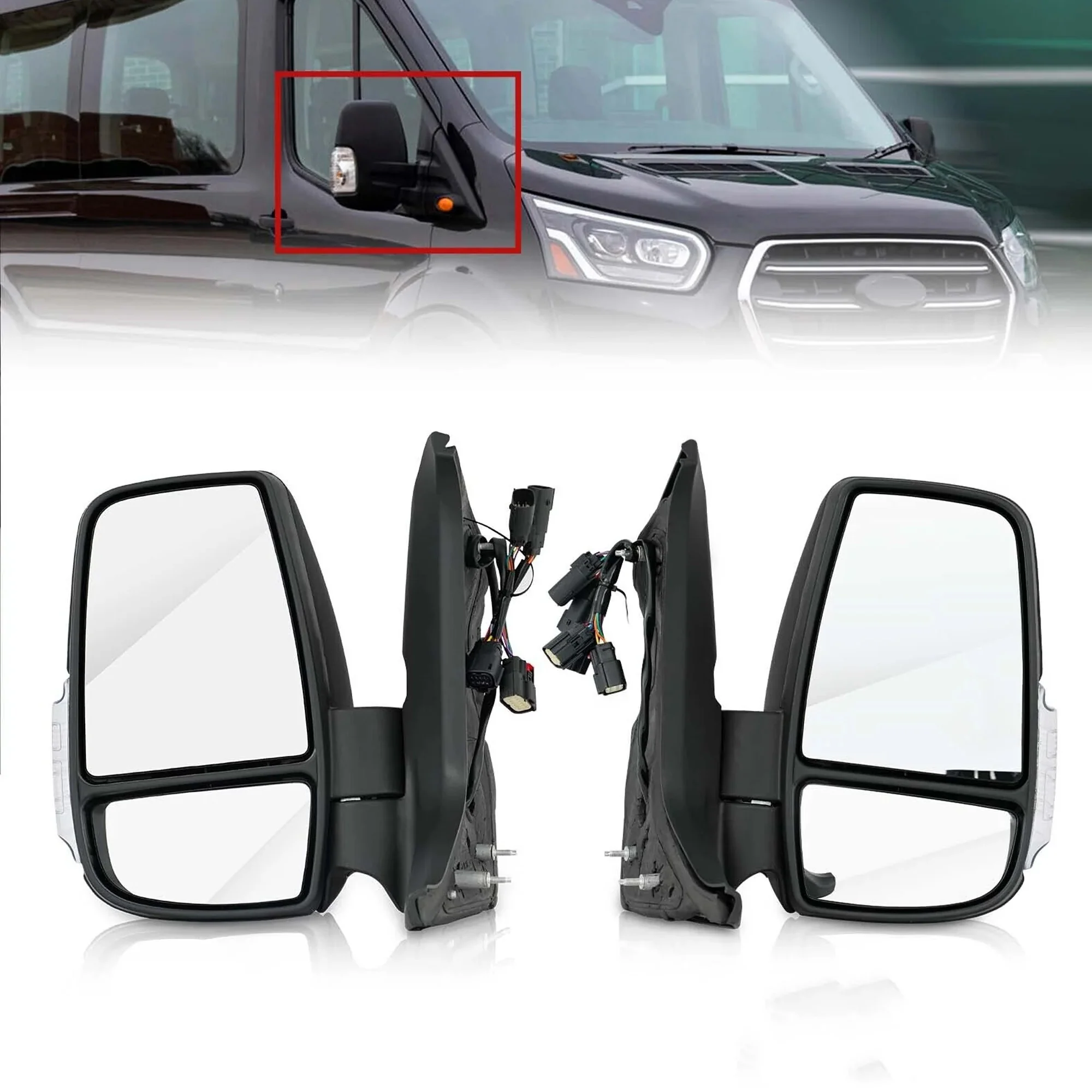 Left+Right Side Mirrors Power Heated w/Signal Adapter For 2014-2022 Ford Transit - Image 2