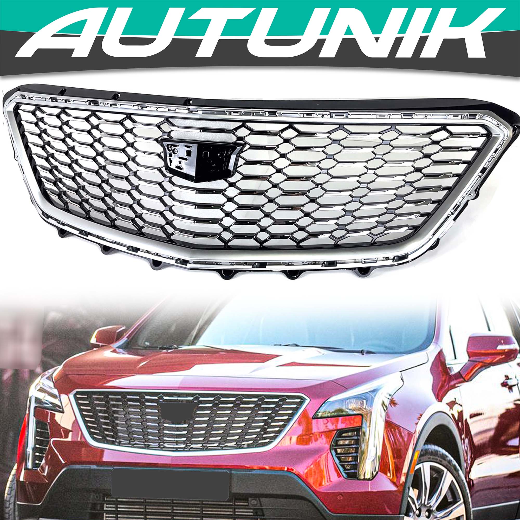 Front Upper Honeycomb Grill Chrome for Cadillac XT4 2019-2023 No Camera