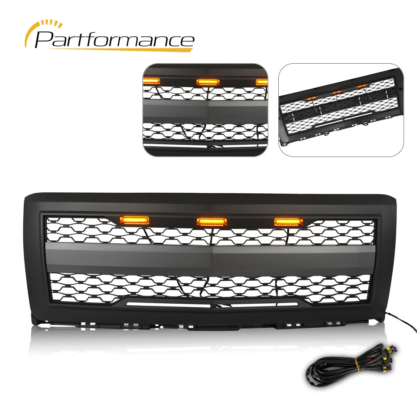 Matte Black Front Bumper Grille w/ Signal DRL Light For 2014-2015 Chevy Silerado 1500 - Image 2