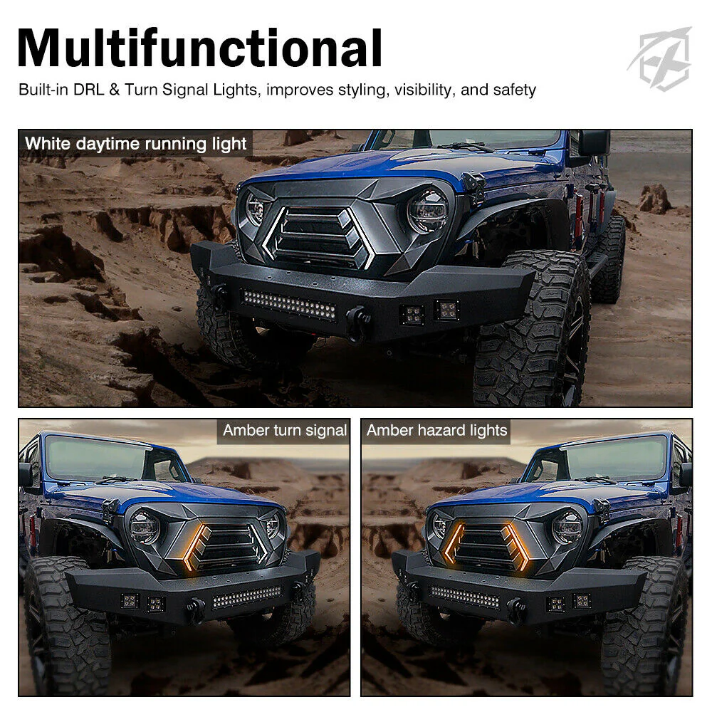 Matte Black Front Grill Grille LED Lights for Jeep Wrangler JL JT 2019-2023 - Image 3