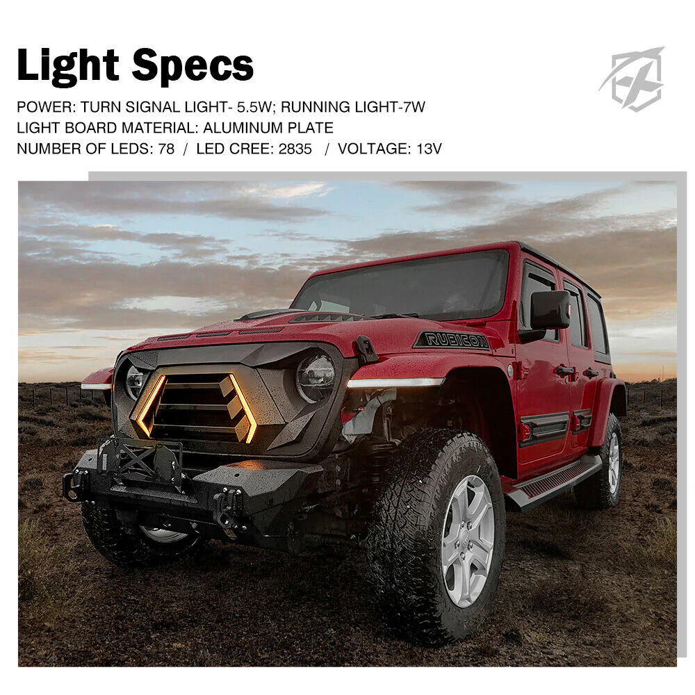 Matte Black Front Grill Grille LED Lights for Jeep Wrangler JL JT 2019-2023 - Image 5