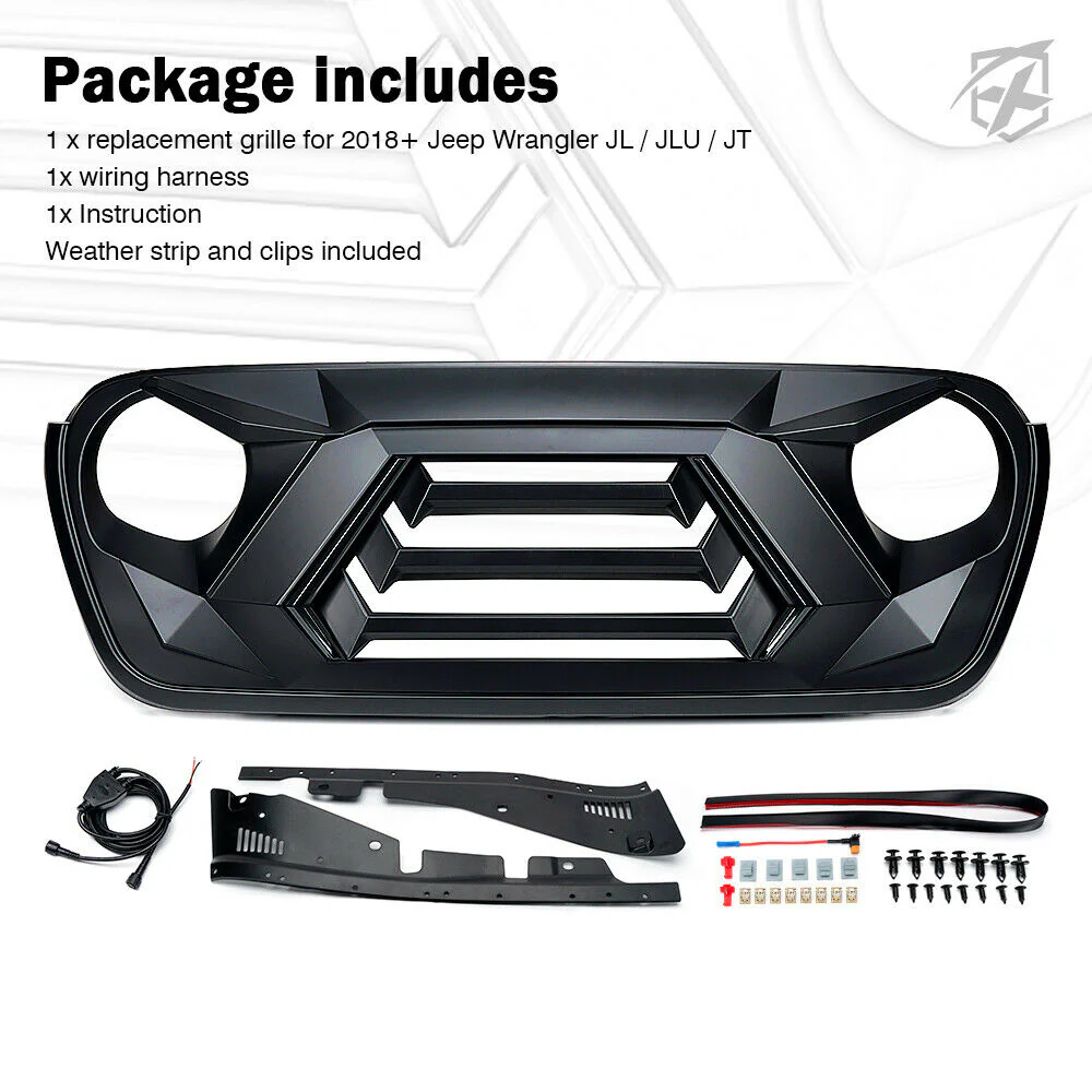 Matte Black Front Grill Grille LED Lights for Jeep Wrangler JL JT 2019-2023 - Image 8