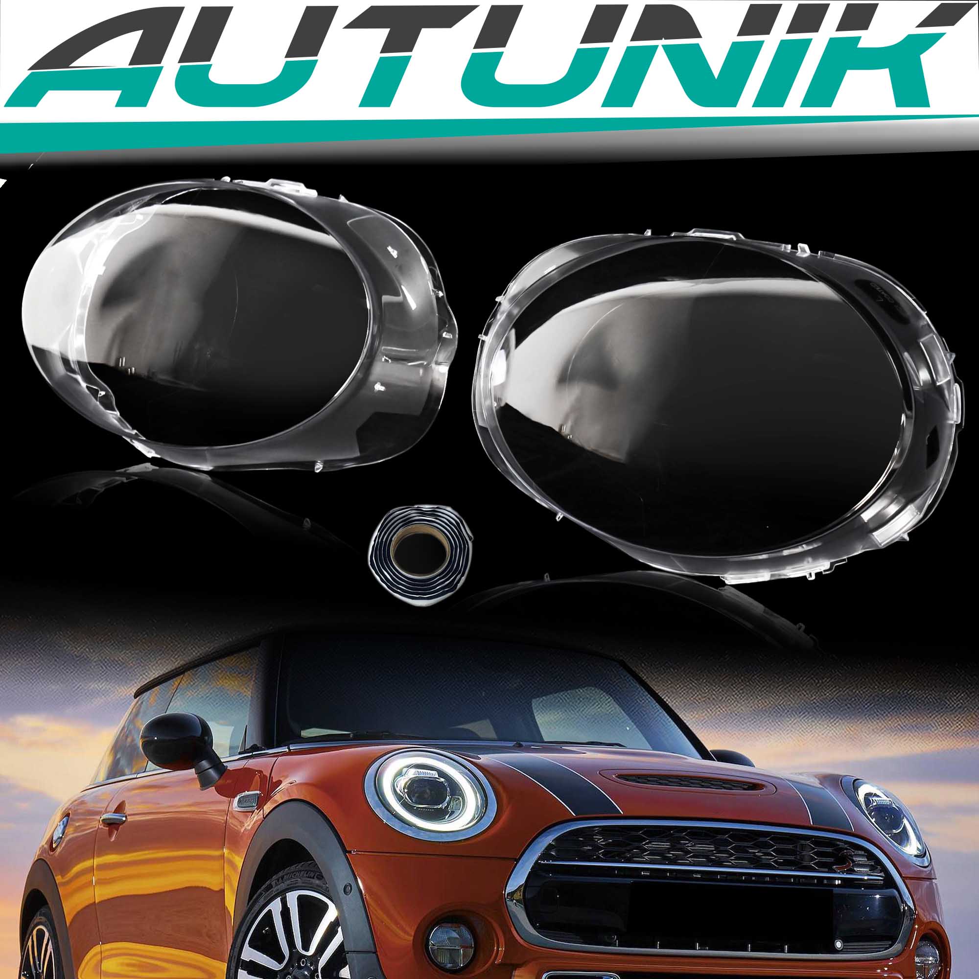 Pair Front Headlight Lens Cover+Glue Clear For BMW Mini F56 Hardtop 2014-2018 ( for 2-door only)