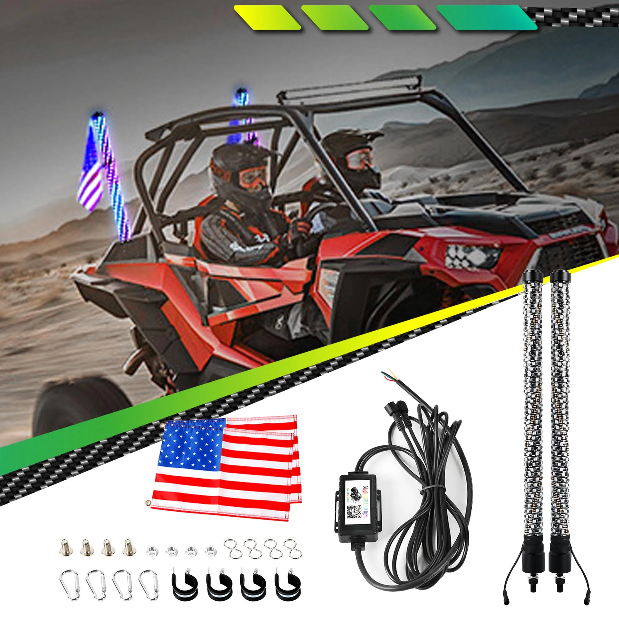 Pair Spiral LED Fat Whip Light Antenna RGB Chasing For Can-am X3 RZR UTV ATV 2FT