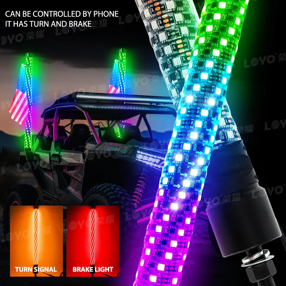 Pair Spiral LED Fat Whip Light Antenna RGB Chasing For Can-am X3 RZR UTV ATV 2FT - Image 3