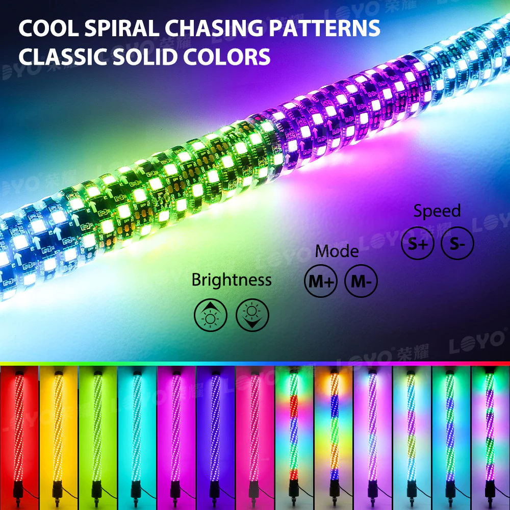 Pair Spiral LED Fat Whip Light Antenna RGB Chasing For Can-am X3 RZR UTV ATV 2FT - Image 4