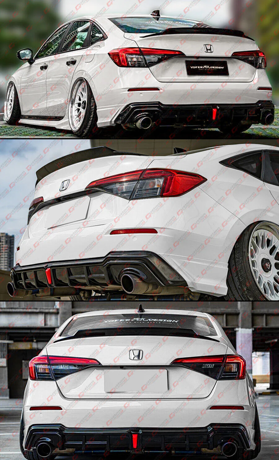 Pearl White LED Rear Bumper Diffuser & Corner Spats Splitter For 2022-2026 Honda Civic Sedan - Image 5