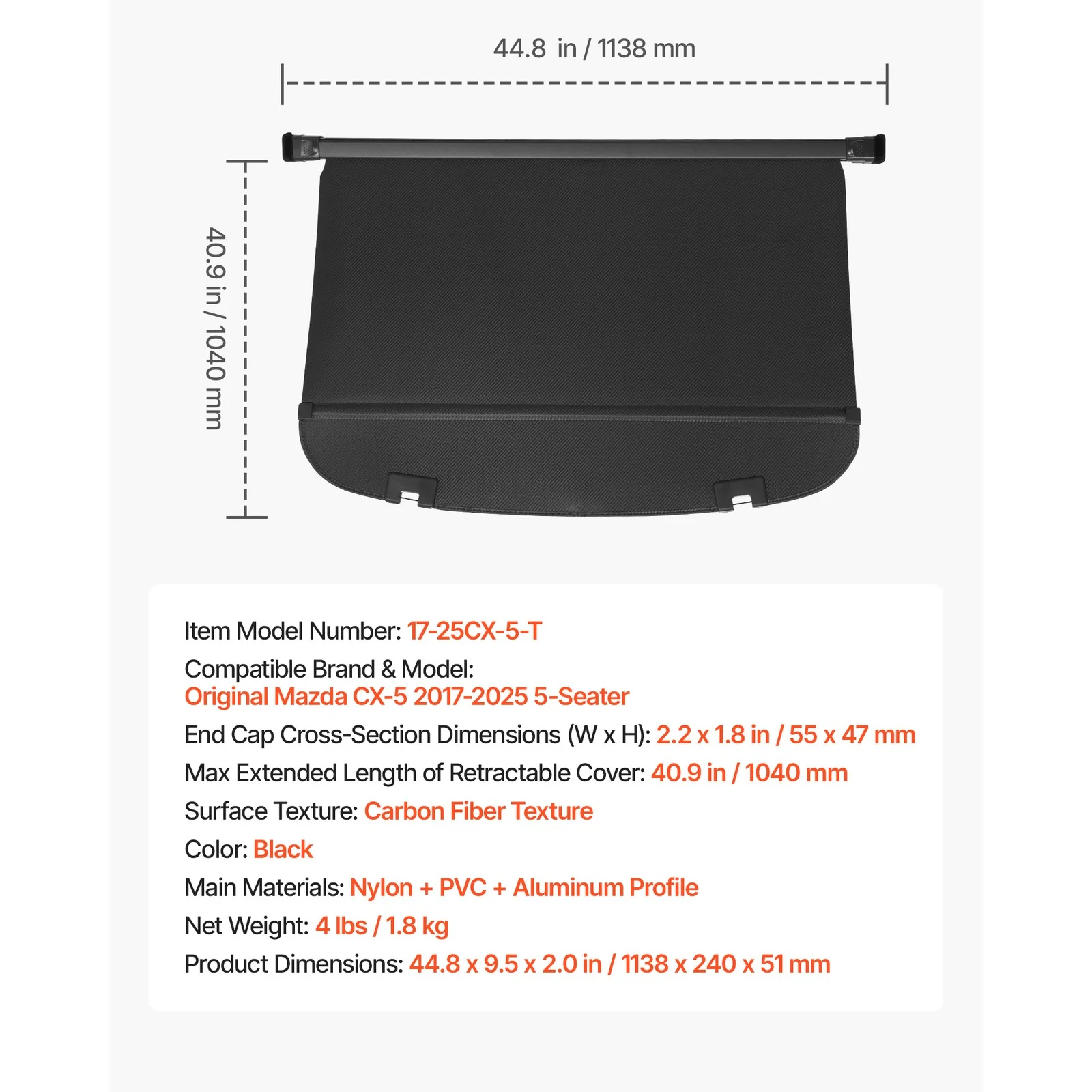Retractable Rear Cargo Cover For Mazda CX-5 2017–2025 Carbon Fiber Texture - Image 7
