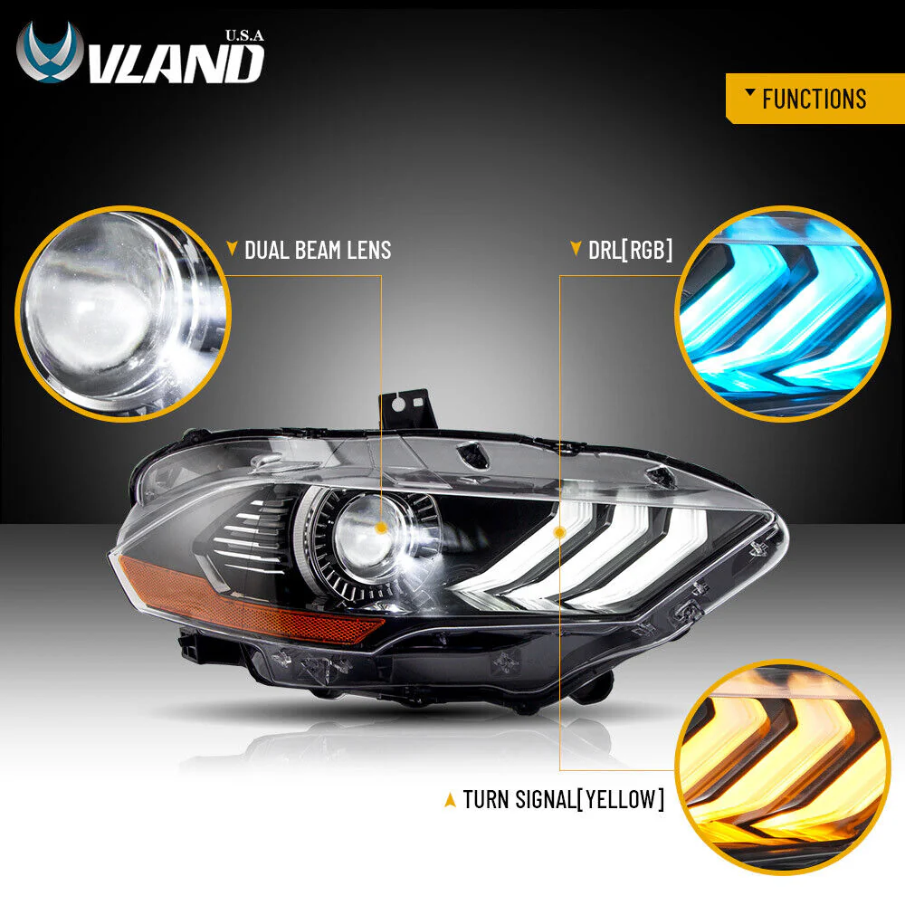 RGB LED Headlights For 2018-2023 Ford Mustang Color Change Front Lamps Sequential Turn - Image 6