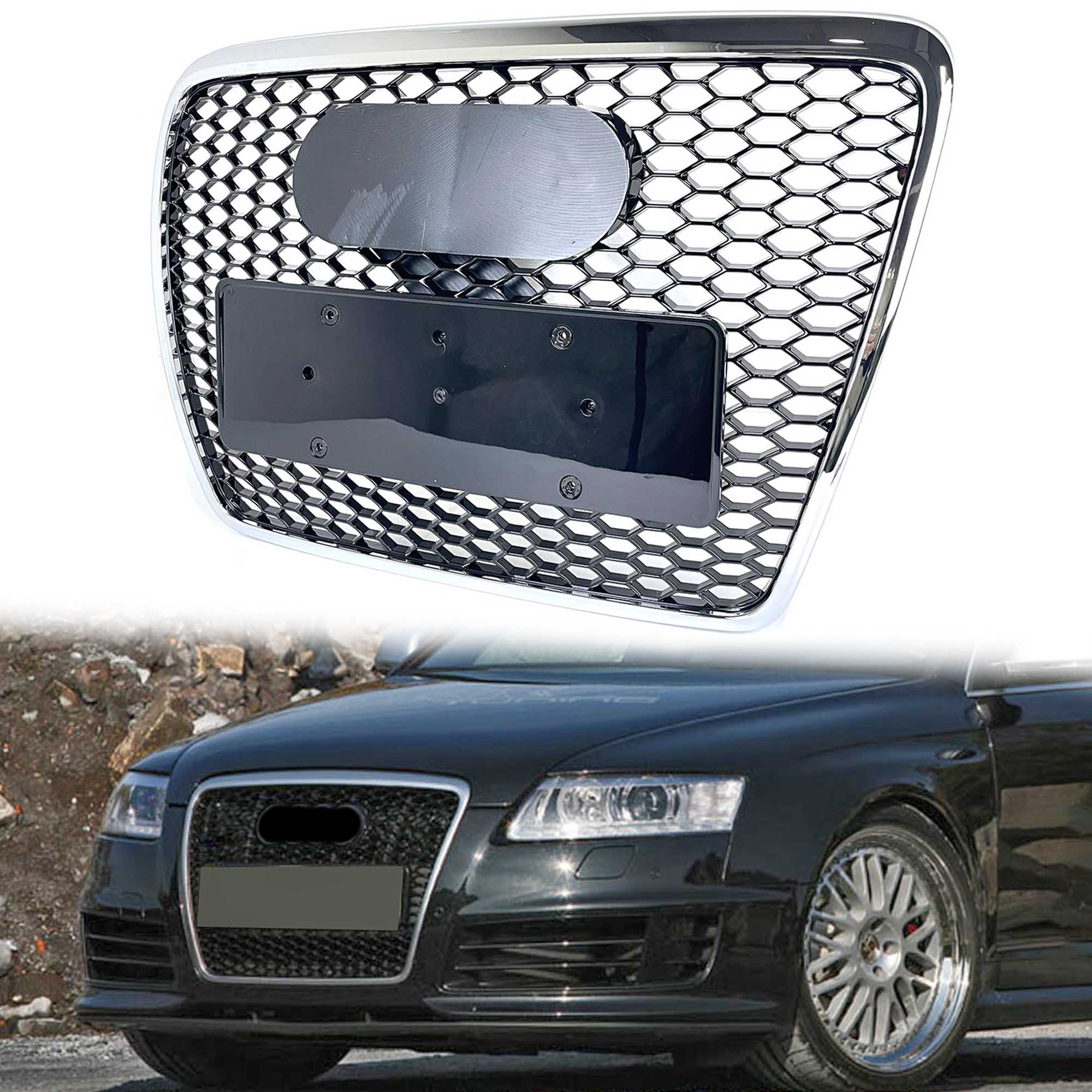 Honeycomb Front Grille w/ Chrome Frame For Audi A6 S6 C6 2005-2011 Grill RS6 Style