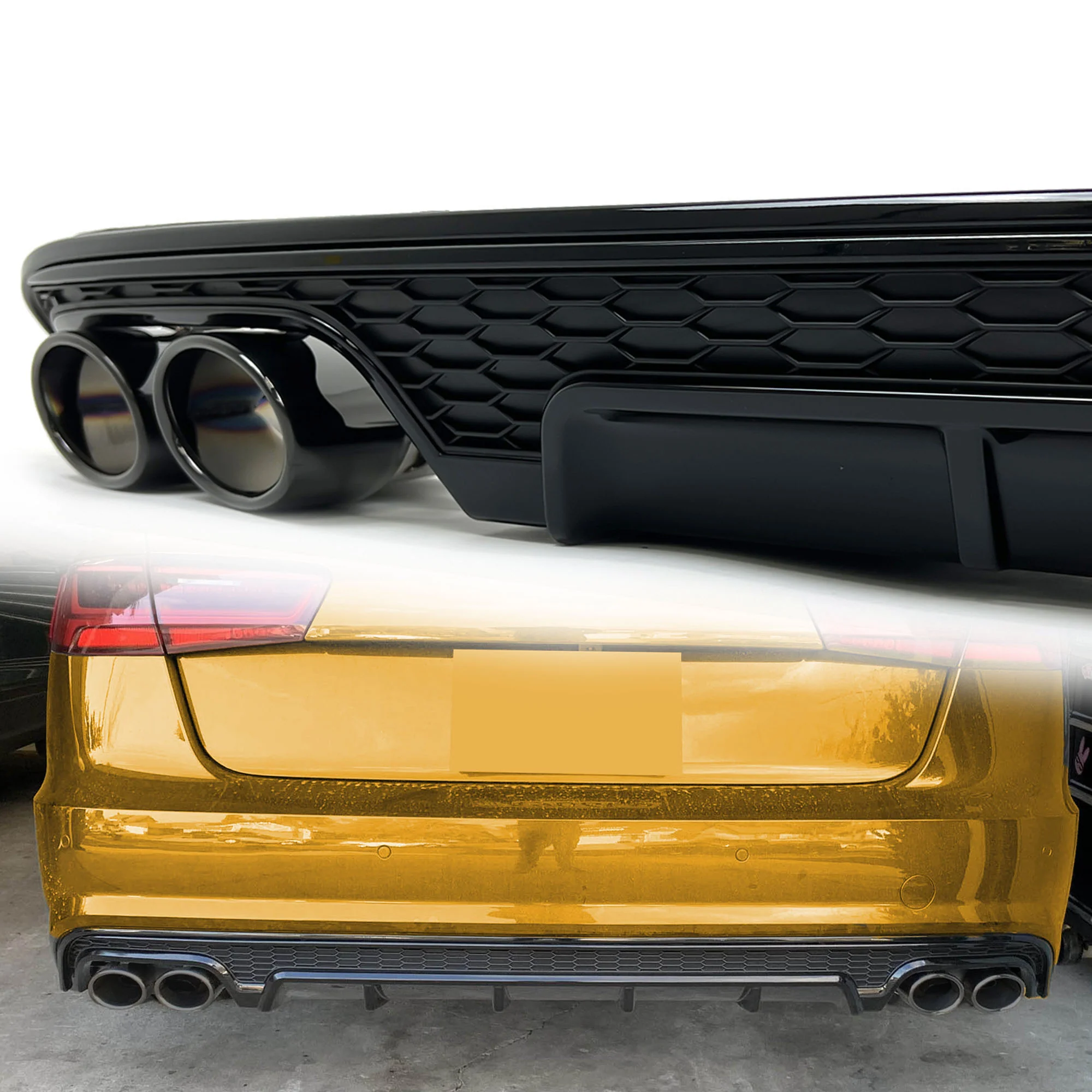 Gloss Black Rear Diffuser + Exhaust Tips For Audi A6 C7.5 Non-S-Line Sedan 2016-2018