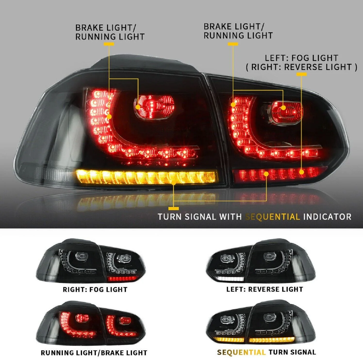 SMOKED LED Taillights fit for 10-14 VW GOLF 6 MK6 GTI 12-13 Golf R With Sequential Indicators - Image 8