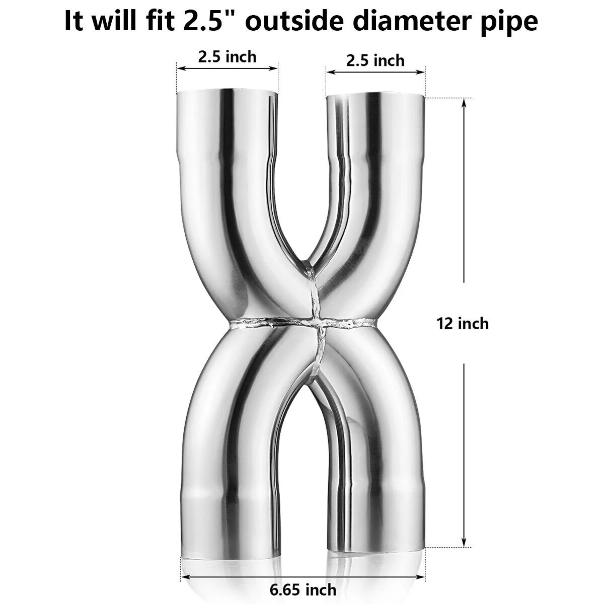 Stainless Steel Polished X-Pipe 2.5" Inlet Crossover Pipe, 2.5" Outlet, 12" Overall Length - Image 2