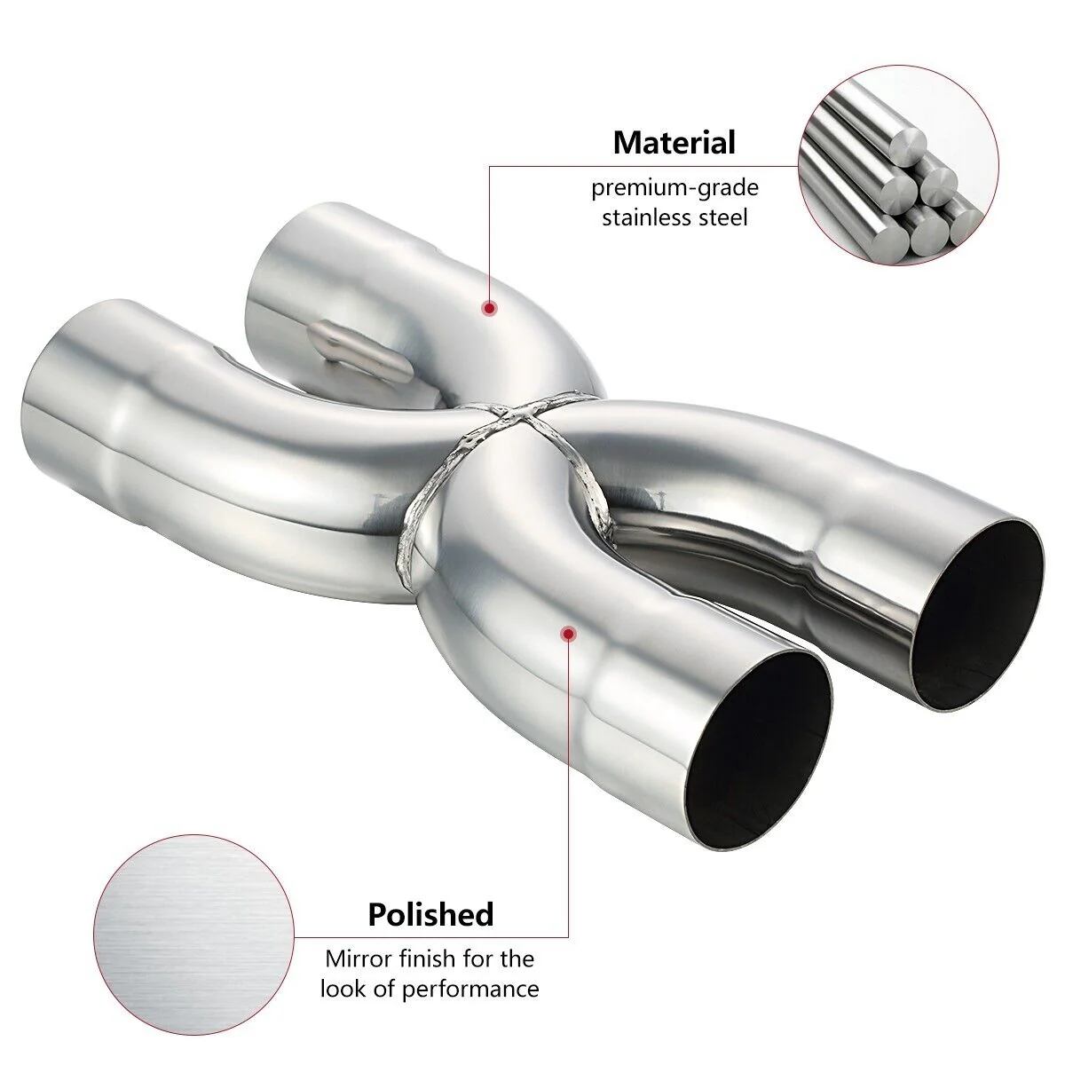 Stainless Steel Polished X-Pipe 2.5" Inlet Crossover Pipe, 2.5" Outlet, 12" Overall Length - Image 3
