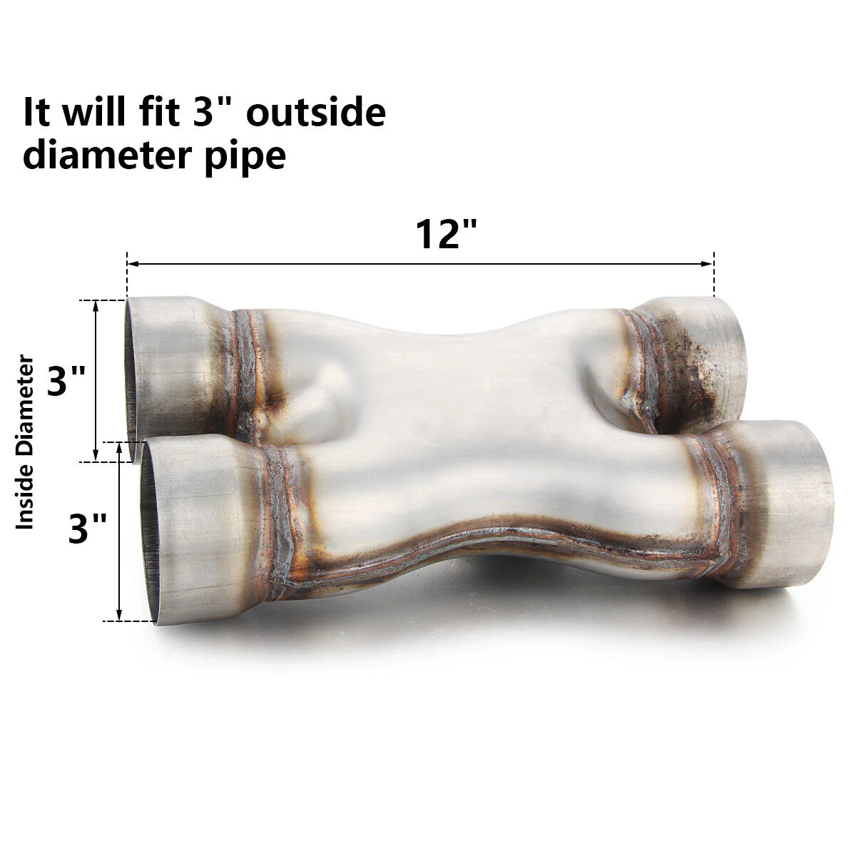 Universal Dual 3" In/Out Crossover X Pipe Exhaust Tip 12" Length Stainless Steel - Image 2
