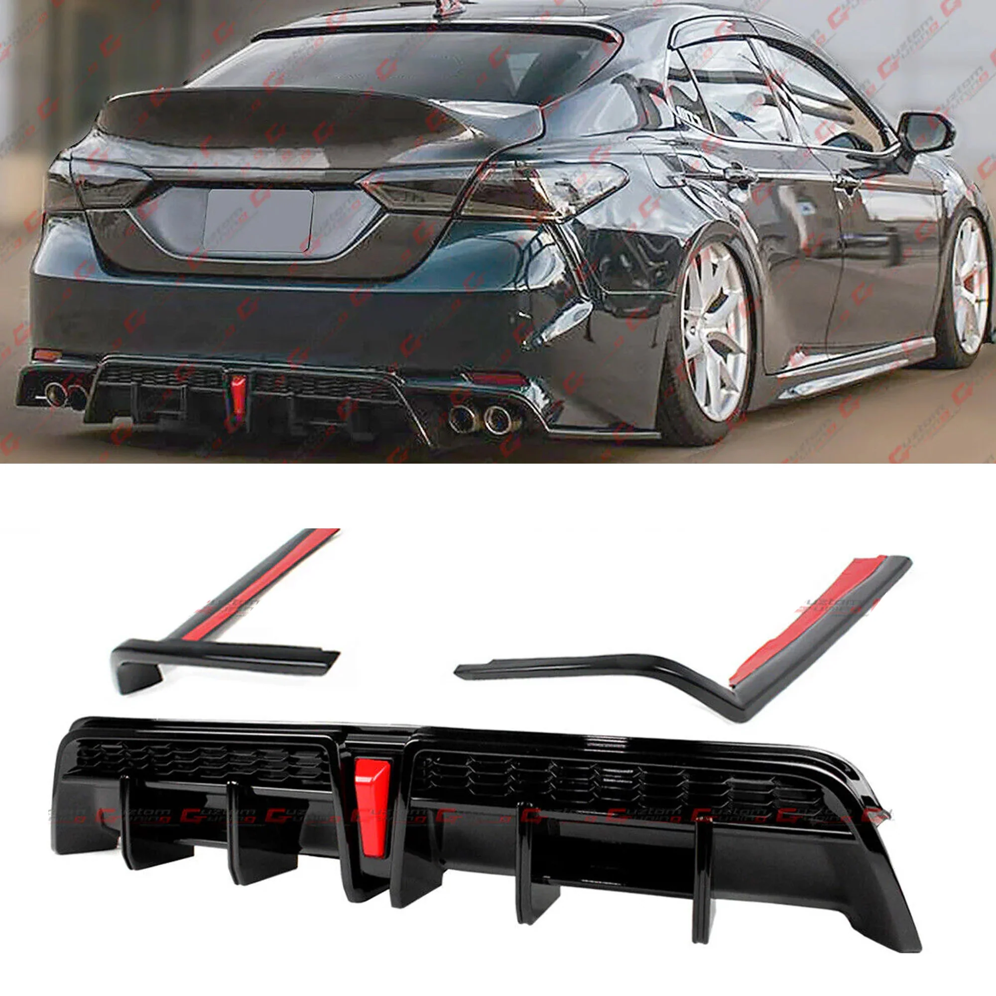Gloss Black LED Rear Diffuser + V2 Corner Extension fits for 2018-2024 Toyota Camry SE XSE
